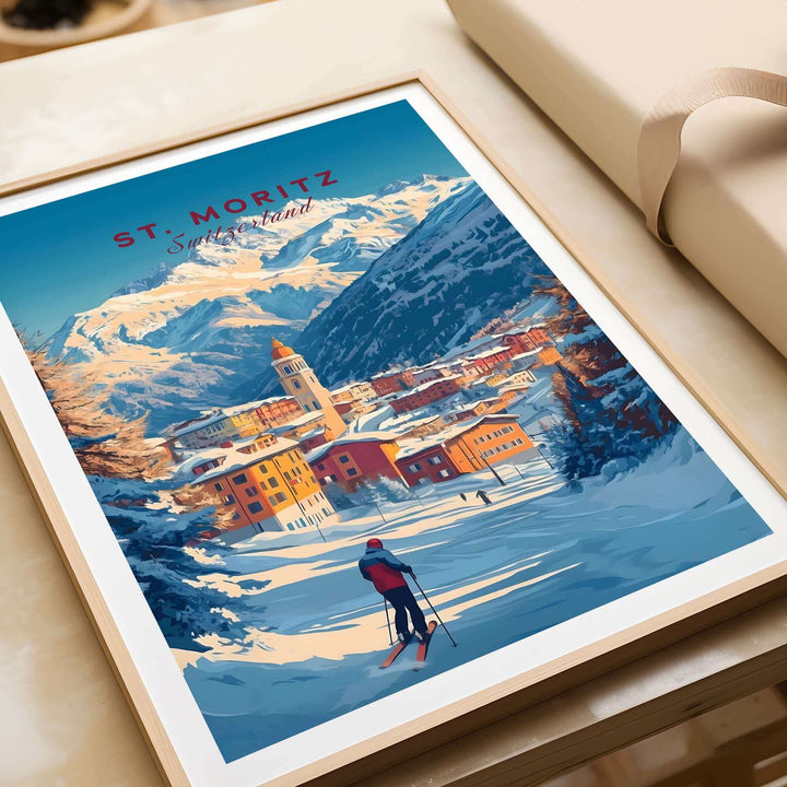 St Moritz Wall Art Ski Print featuring a scenic view of snowy mountains and skier, ideal Ski Poster for home decor.