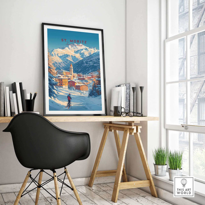 Stylish room with framed St Moritz ski poster, featuring a vibrant mountain and skier scene, perfect wall art for ski enthusiasts.