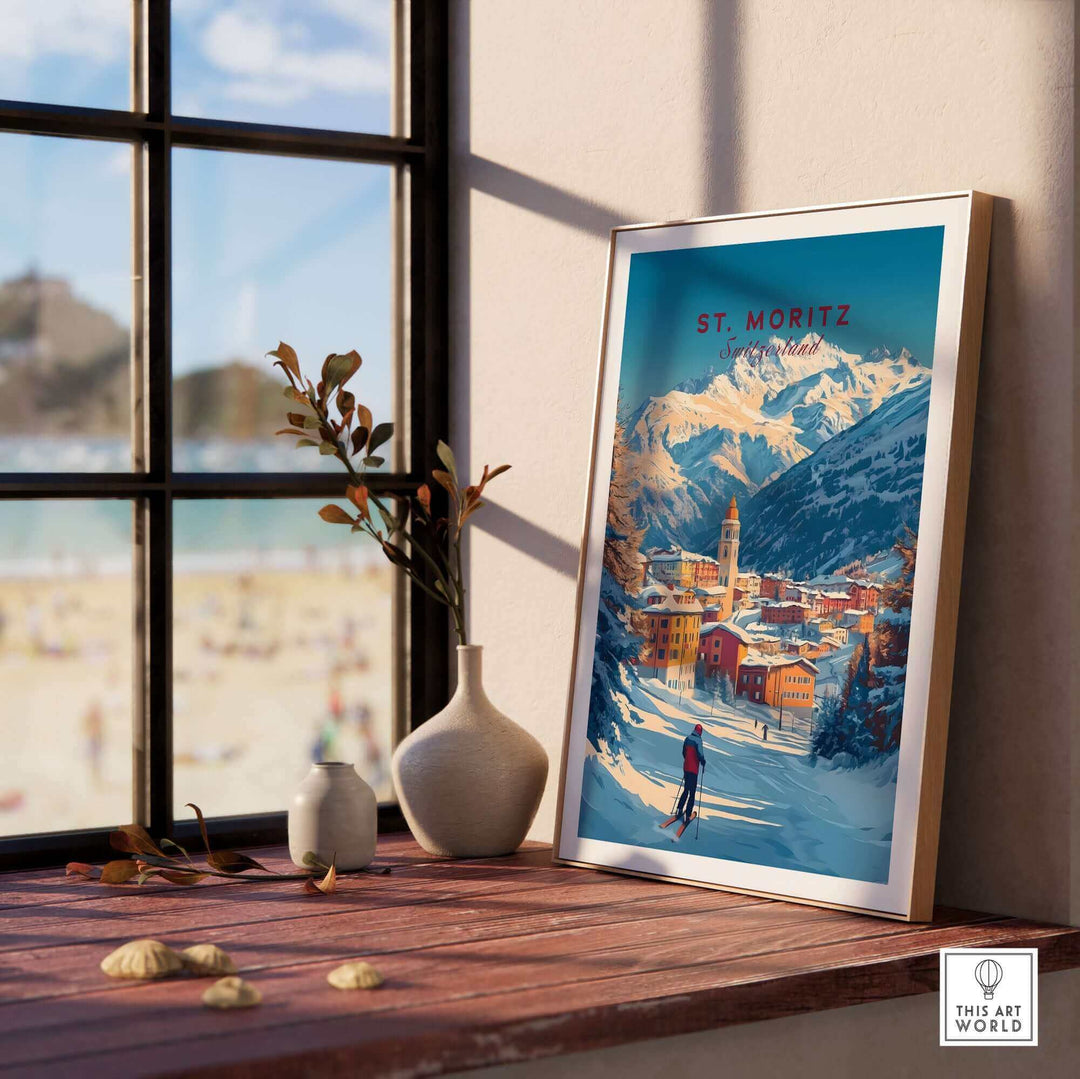 Scenic St Moritz wall art ski print displayed in a bright room, featuring snowy mountains and a skier, perfect ski poster decor.