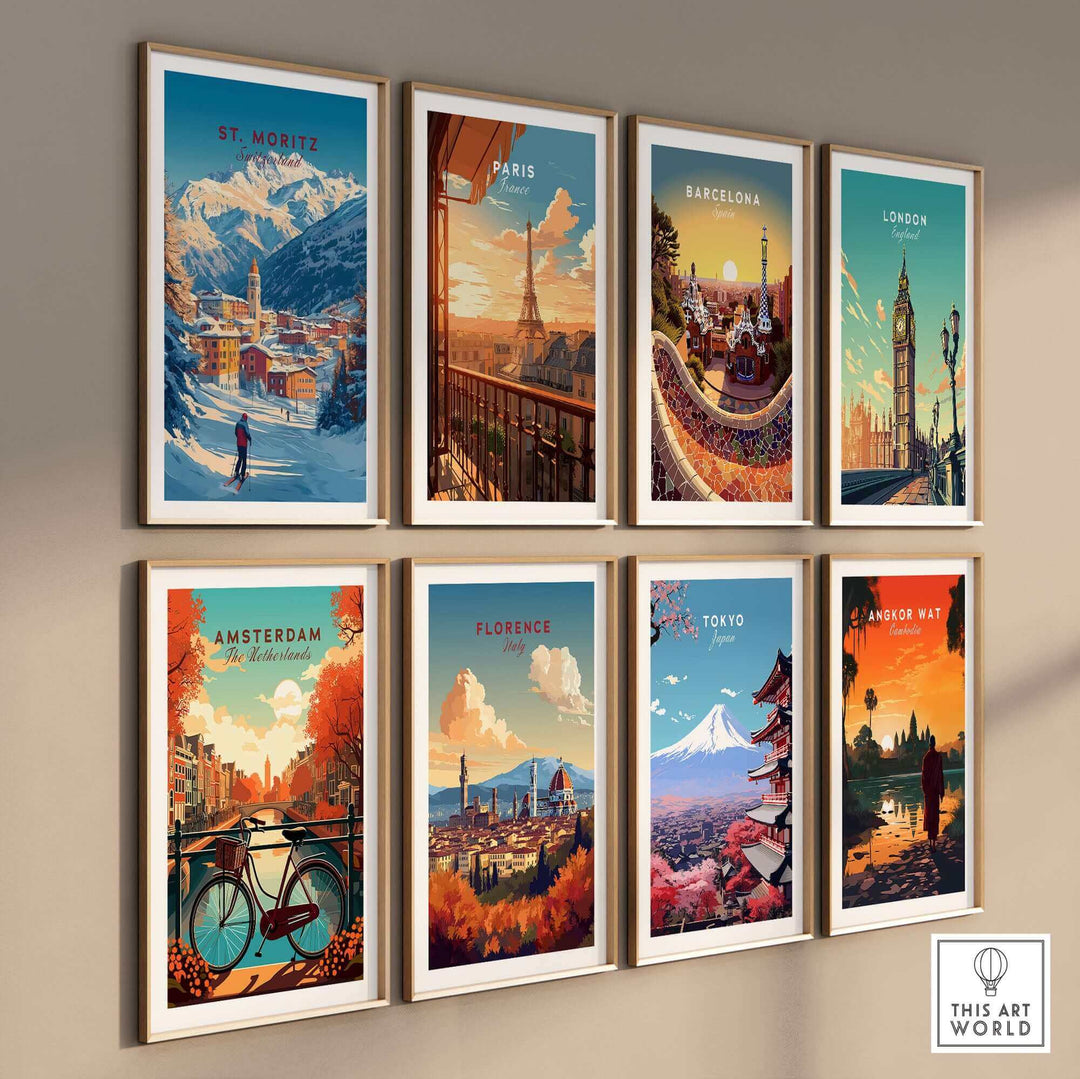 Collection of vibrant travel posters featuring iconic landmarks from cities like St. Moritz, Paris, and Tokyo on a wall display.