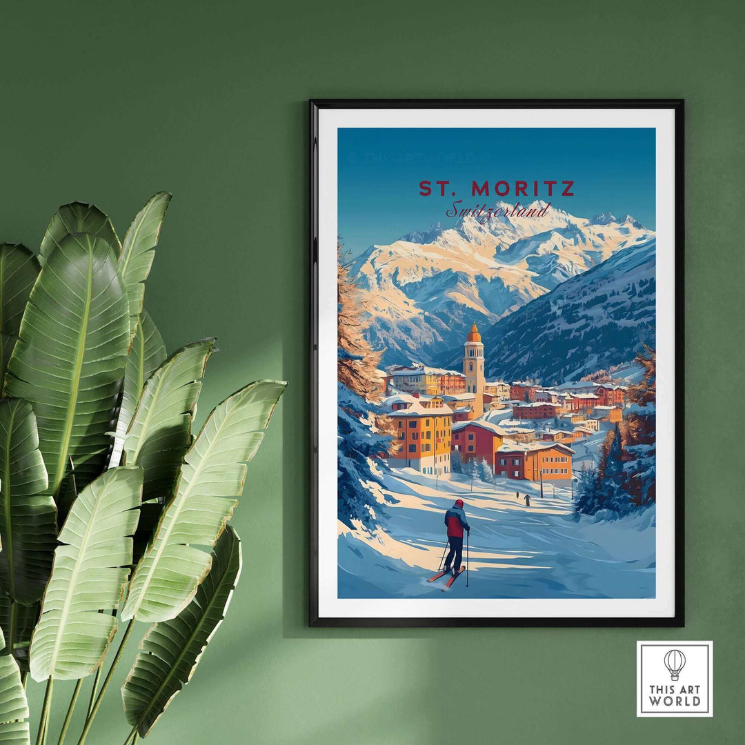 St Moritz ski poster wall art featuring a winter mountain scene with skier, ideal for home decor.