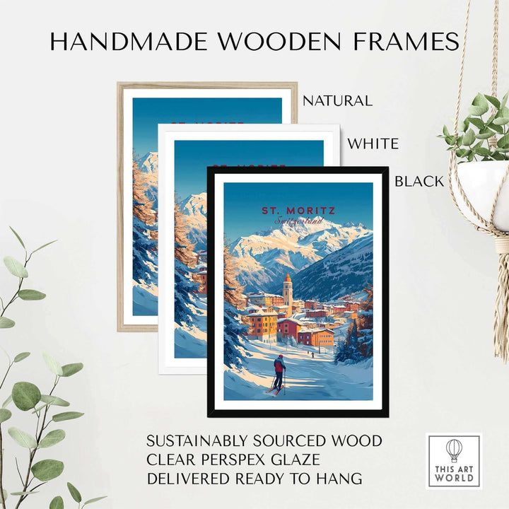 St Moritz Wall Art Ski Poster in Handmade Wooden Frames – Natural, White, Black Options. Sustainable, Ready to Hang.