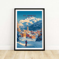 St Moritz wall art ski print featuring a picturesque mountain landscape and skier, perfect for ski poster enthusiasts and home decor.