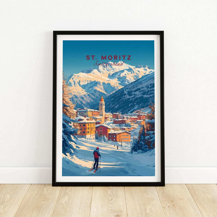 St Moritz wall art ski print featuring a picturesque mountain landscape and skier, perfect for ski poster enthusiasts and home decor.