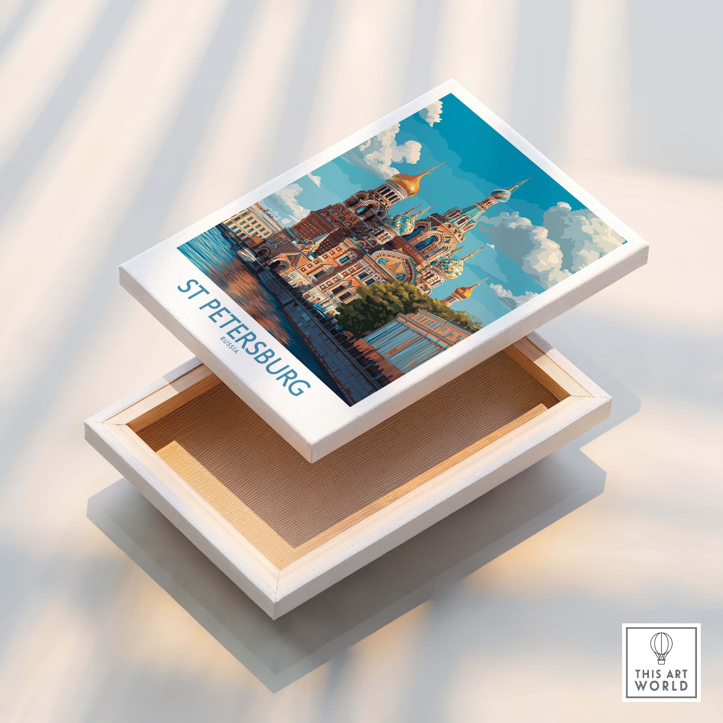 St Petersburg Russia Canvas Print | Historic Cathedral & Canal Scene Poster displayed in a decorative box.