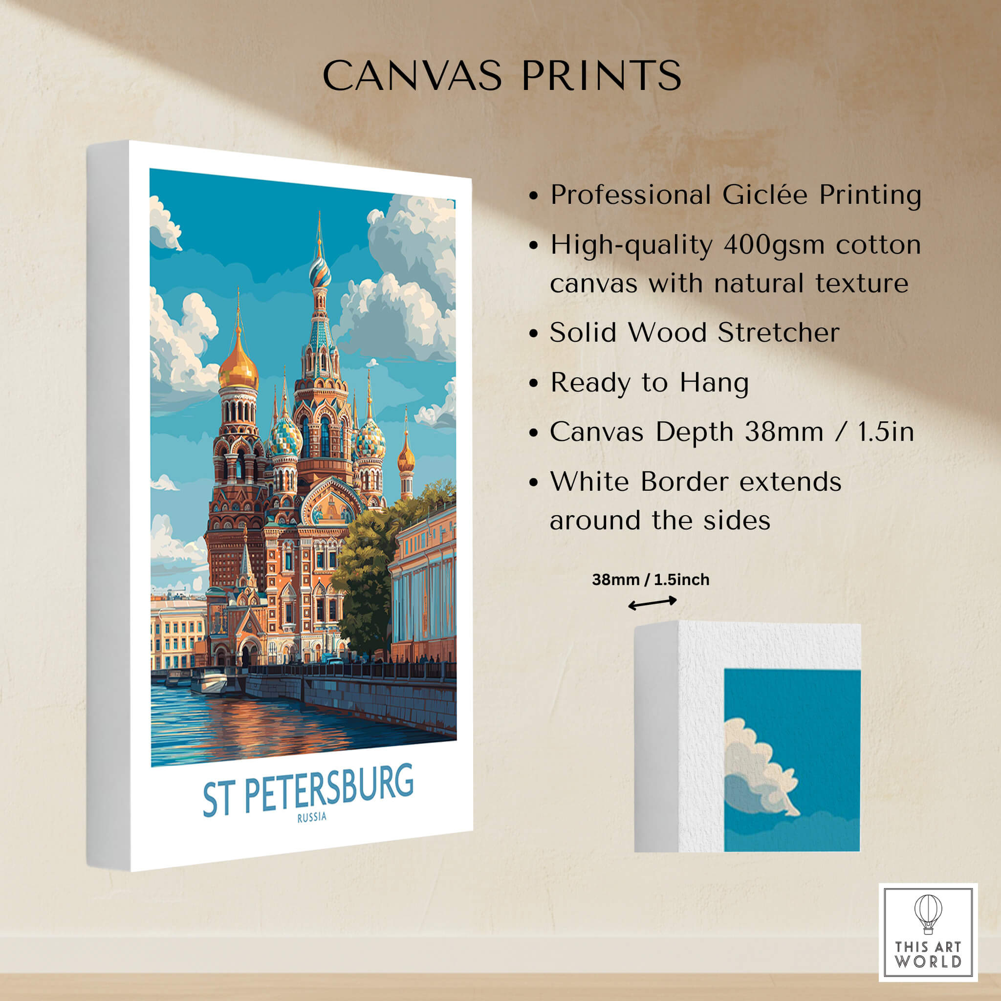 St Petersburg Russia Canvas Print | Historic Cathedral & Canal Scene Poster showcasing professional Giclée printing details.