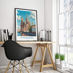 St Petersburg Russia Canvas Print | Historic Cathedral & Canal Scene Poster displayed in a modern workspace setting.