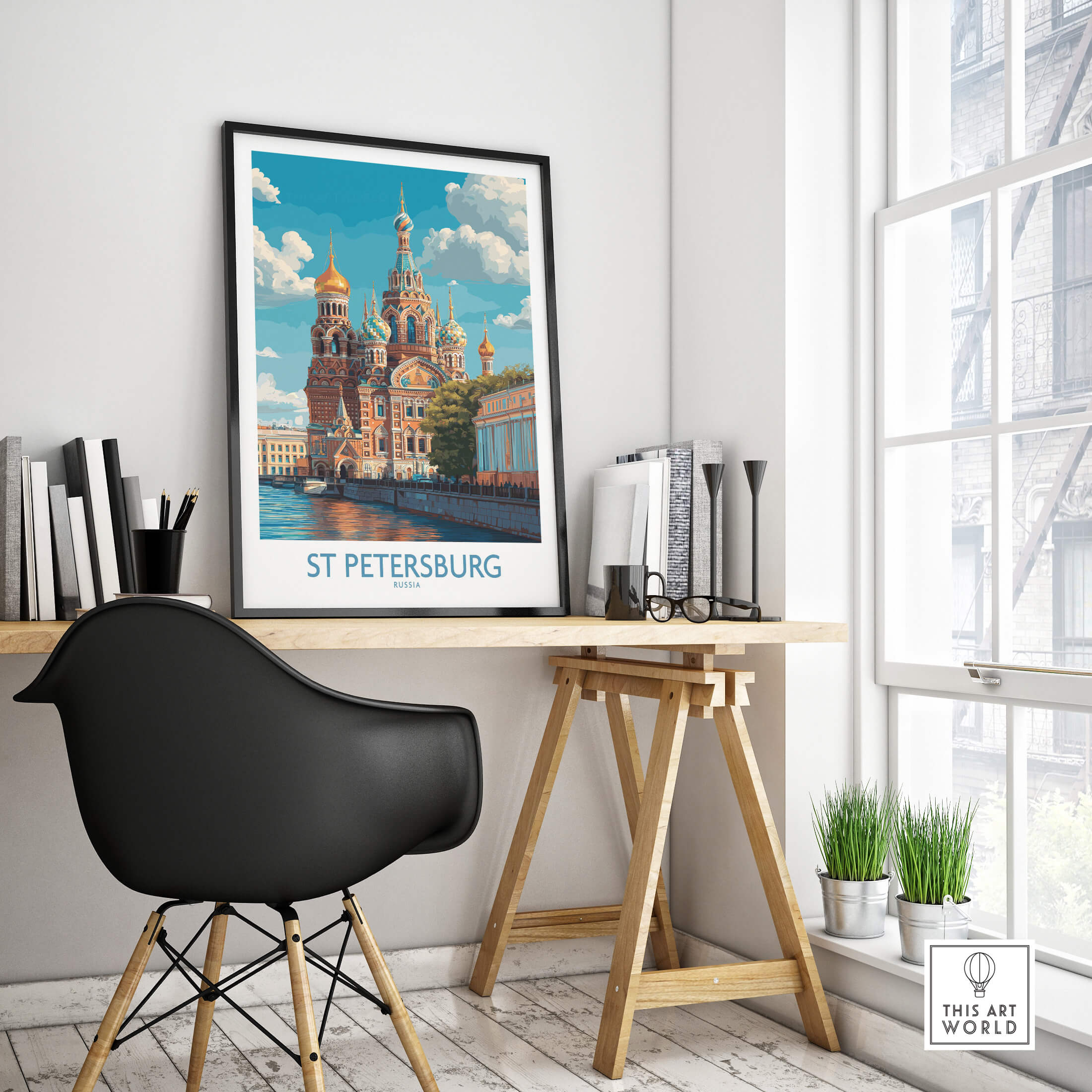 St Petersburg Russia Canvas Print | Historic Cathedral & Canal Scene Poster displayed in a modern workspace setting.