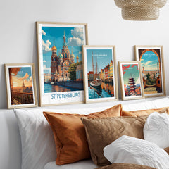 St Petersburg Russia Canvas Print | Historic Cathedral & Canal Scene Poster displayed on a stylish shelf with other city prints.