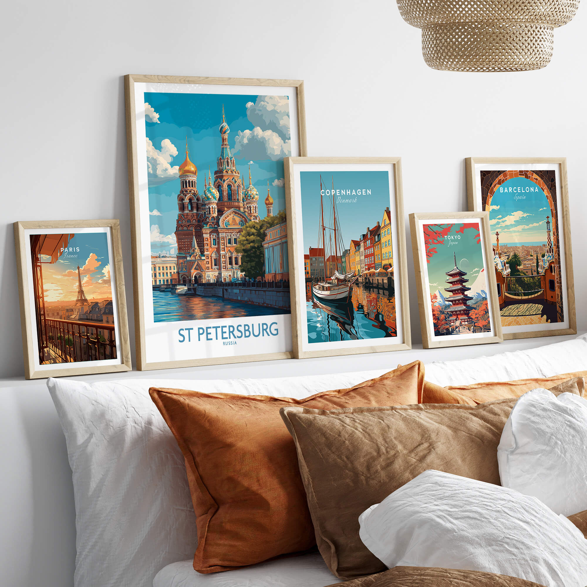 St Petersburg Russia Canvas Print | Historic Cathedral & Canal Scene Poster displayed on a stylish shelf with other city prints.