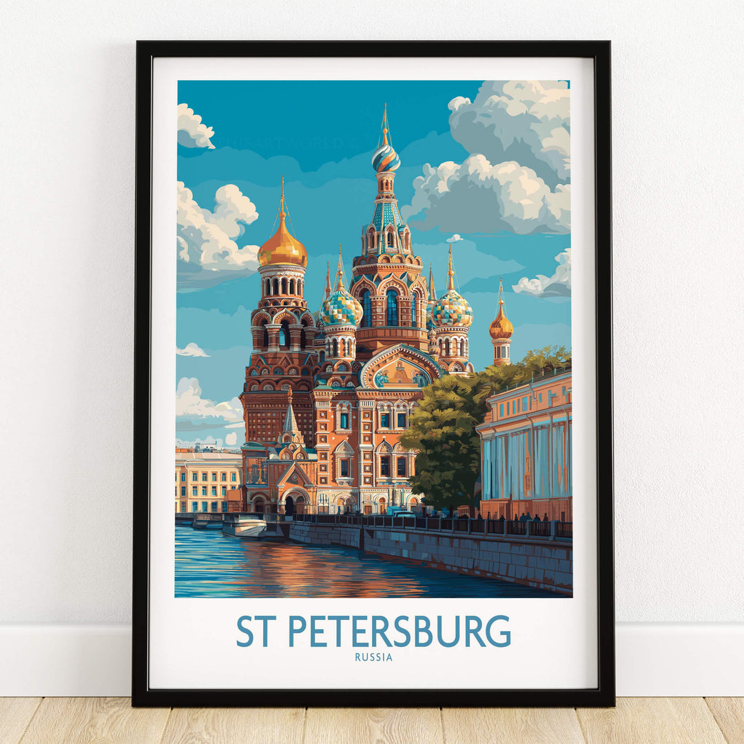 St Petersburg Russia Canvas Print | Historic Cathedral & Canal Scene Poster displayed in a stylish frame.