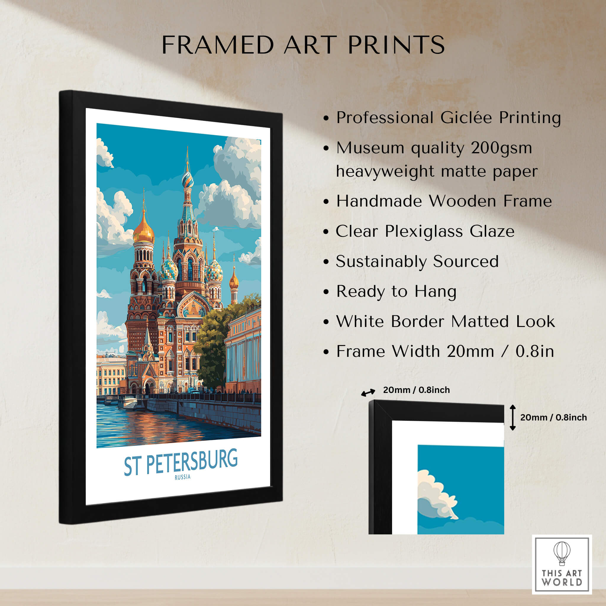 St Petersburg Russia Canvas Print | Historic Cathedral & Canal Scene Poster framed with professional giclée printing.