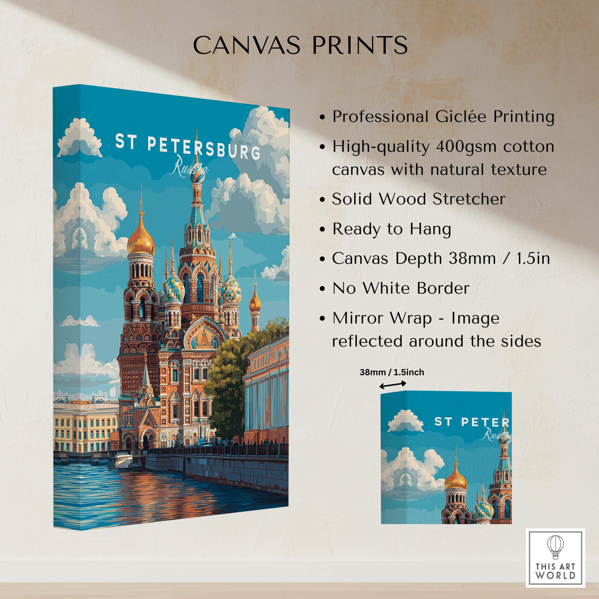 St Petersburg Poster | Russia Wall Art Print displayed on canvas with vibrant colors and architectural details.