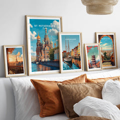 St Petersburg Poster | Russia Wall Art Print displayed among other travel posters in a stylish living room setting.