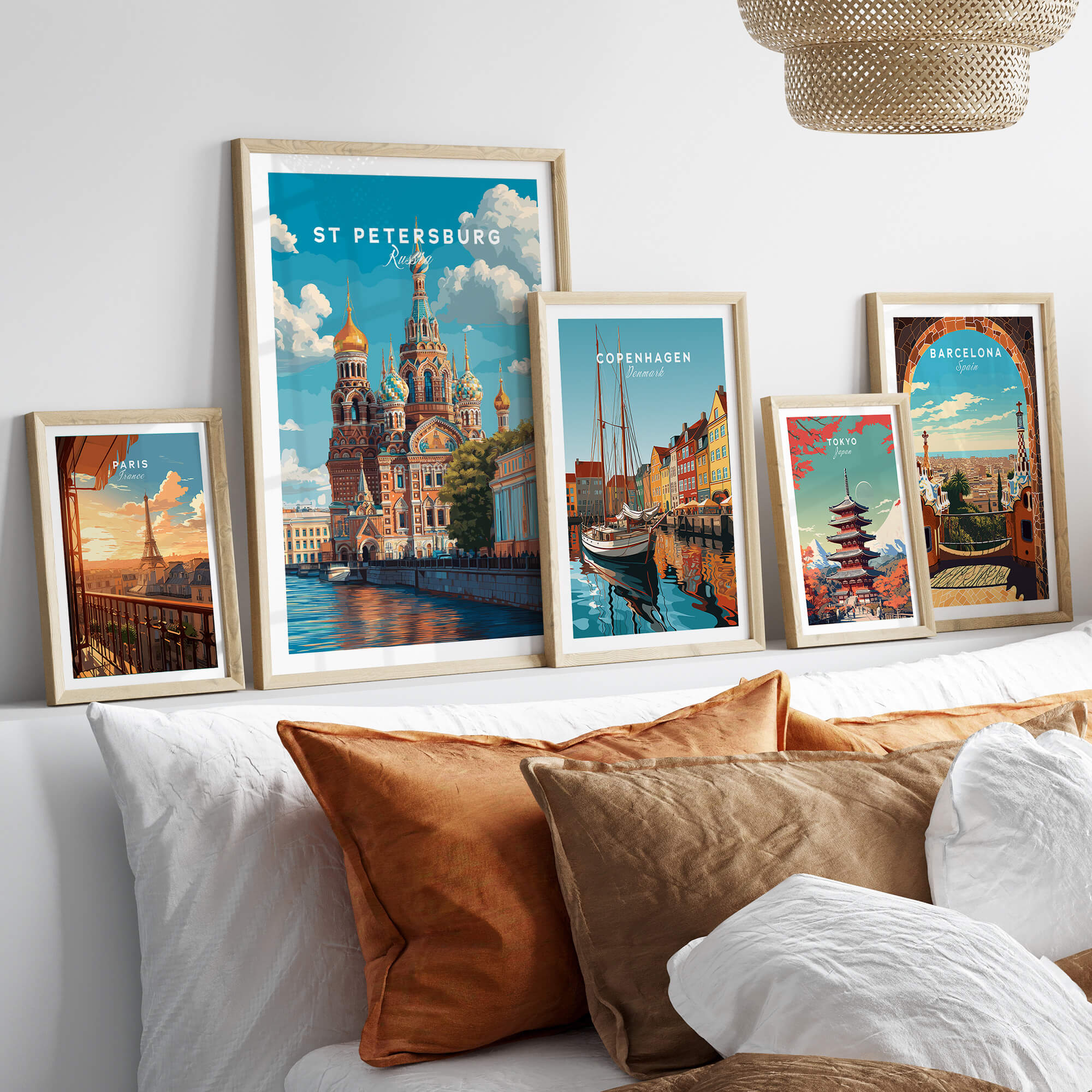 St Petersburg Poster | Russia Wall Art Print displayed among other travel posters in a stylish living room setting.