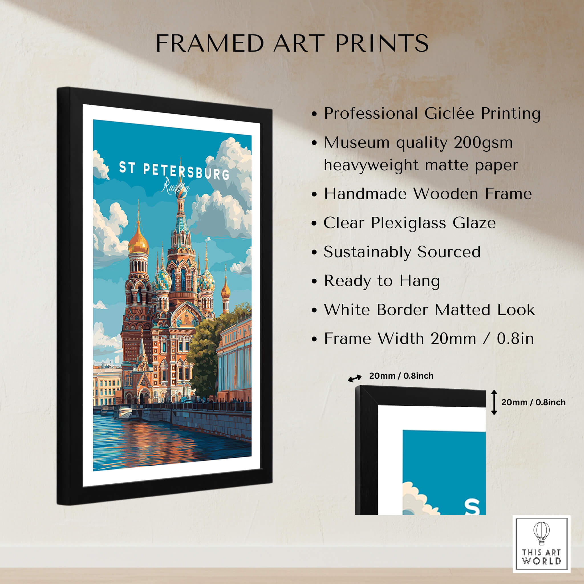 St Petersburg Poster | Russia Wall Art Print featuring Giclée printing and a handmade wooden frame.