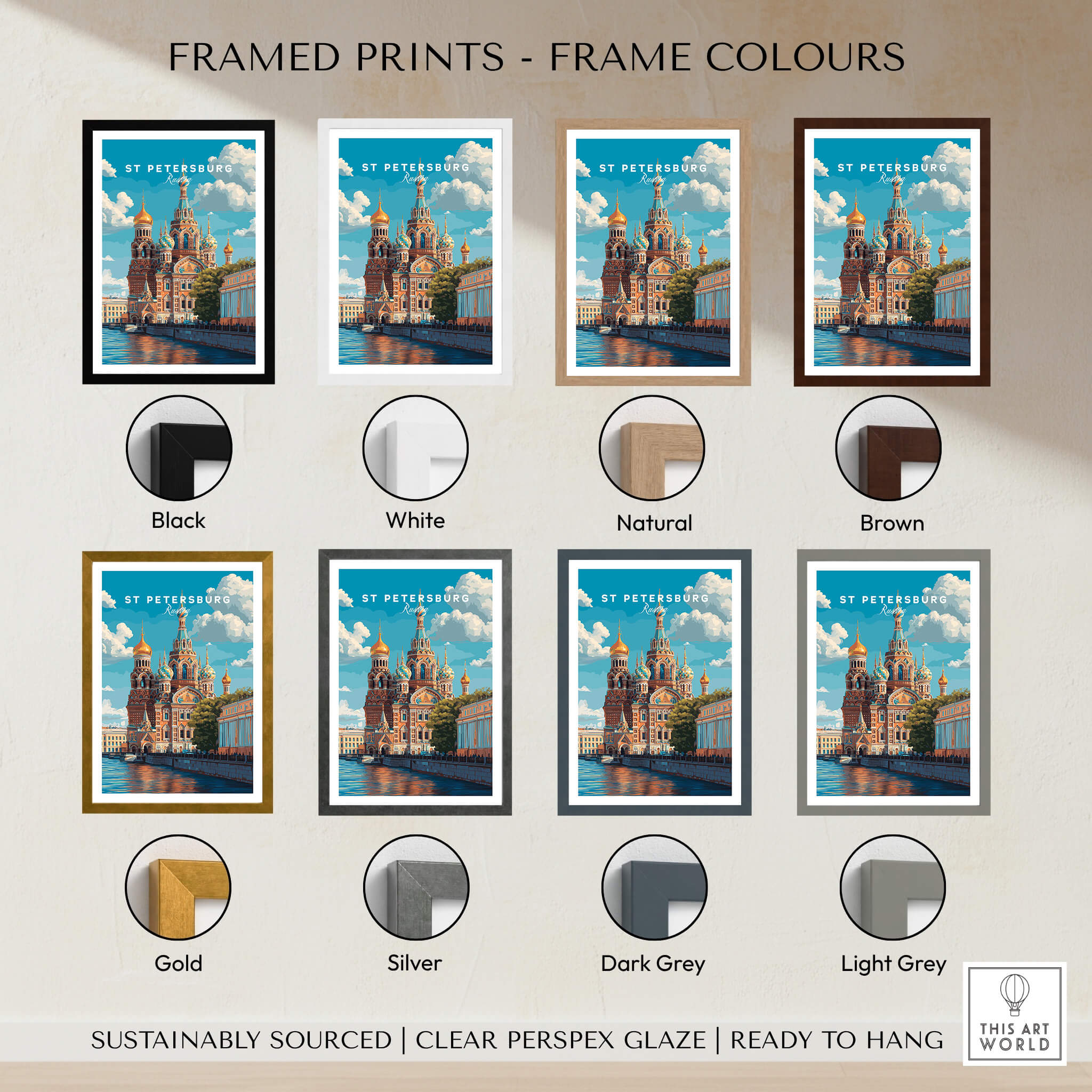 St Petersburg Poster | Russia Wall Art Print options displayed in various framed colors including black, white, and natural.