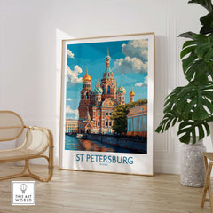 St Petersburg Russia Canvas Print | Historic Cathedral & Canal Scene Poster in a stylish interior setting.
