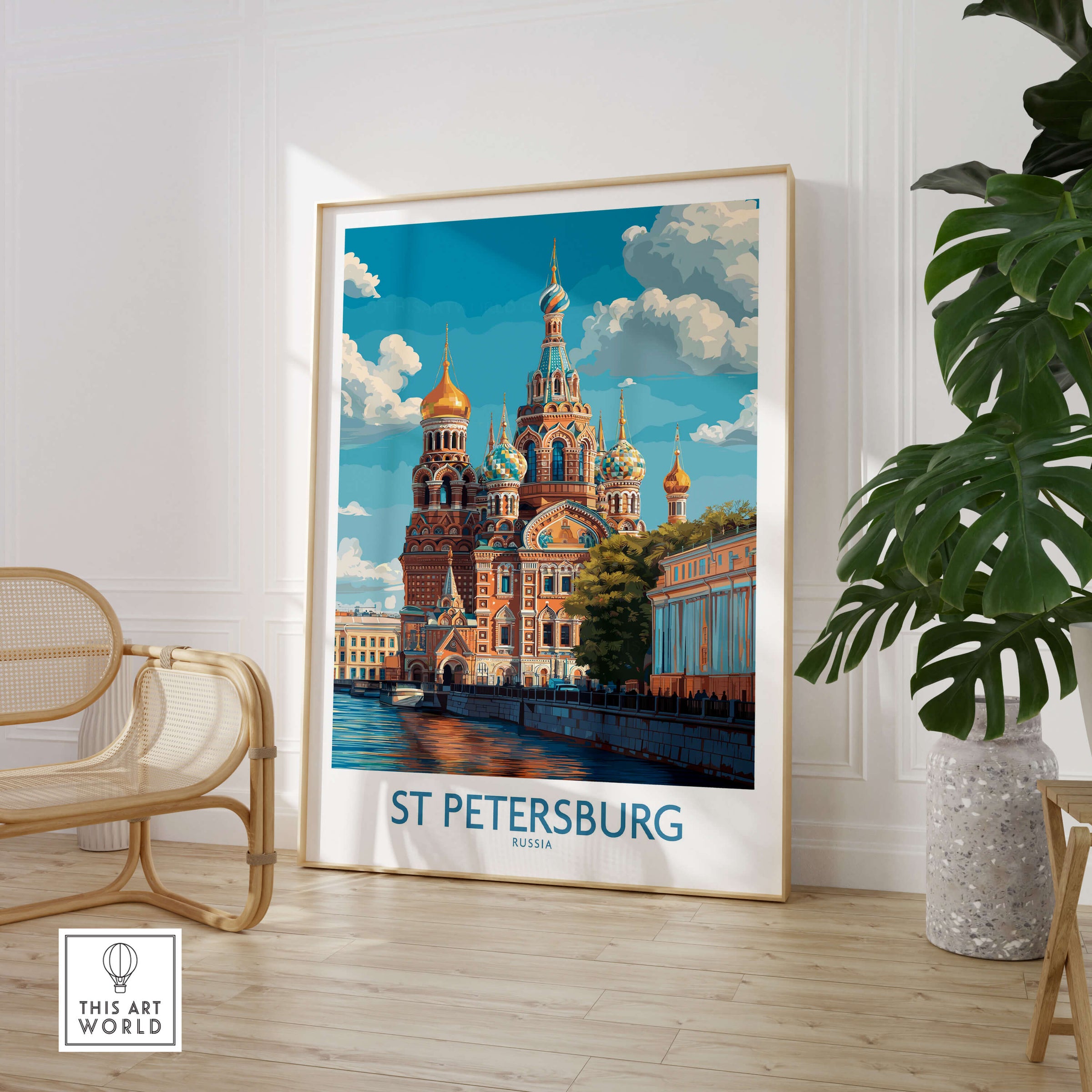 St Petersburg Russia Canvas Print | Historic Cathedral & Canal Scene Poster in a stylish interior setting.