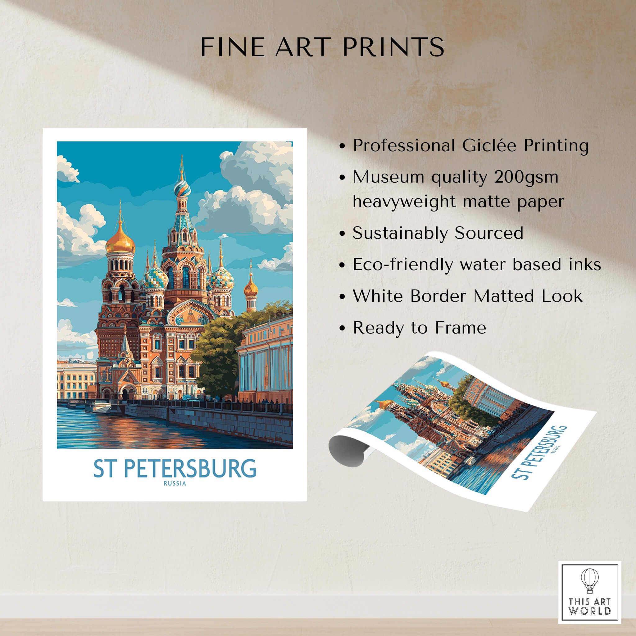 St Petersburg Russia Canvas Print | Historic Cathedral & Canal Scene Poster showcased on museum quality paper.