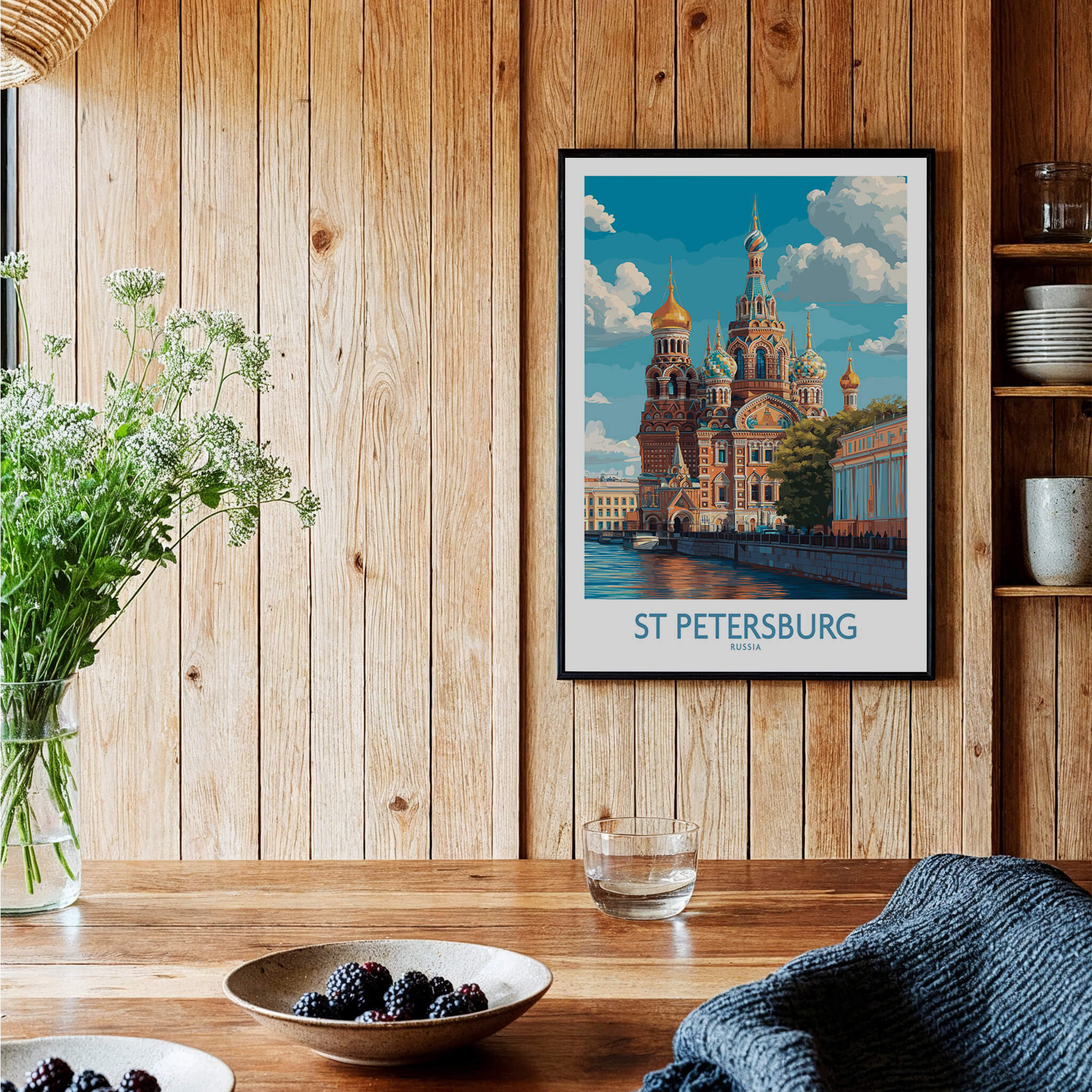 St Petersburg Russia Canvas Print | Historic Cathedral & Canal Scene Poster framed in a wooden environment with decorative elements.