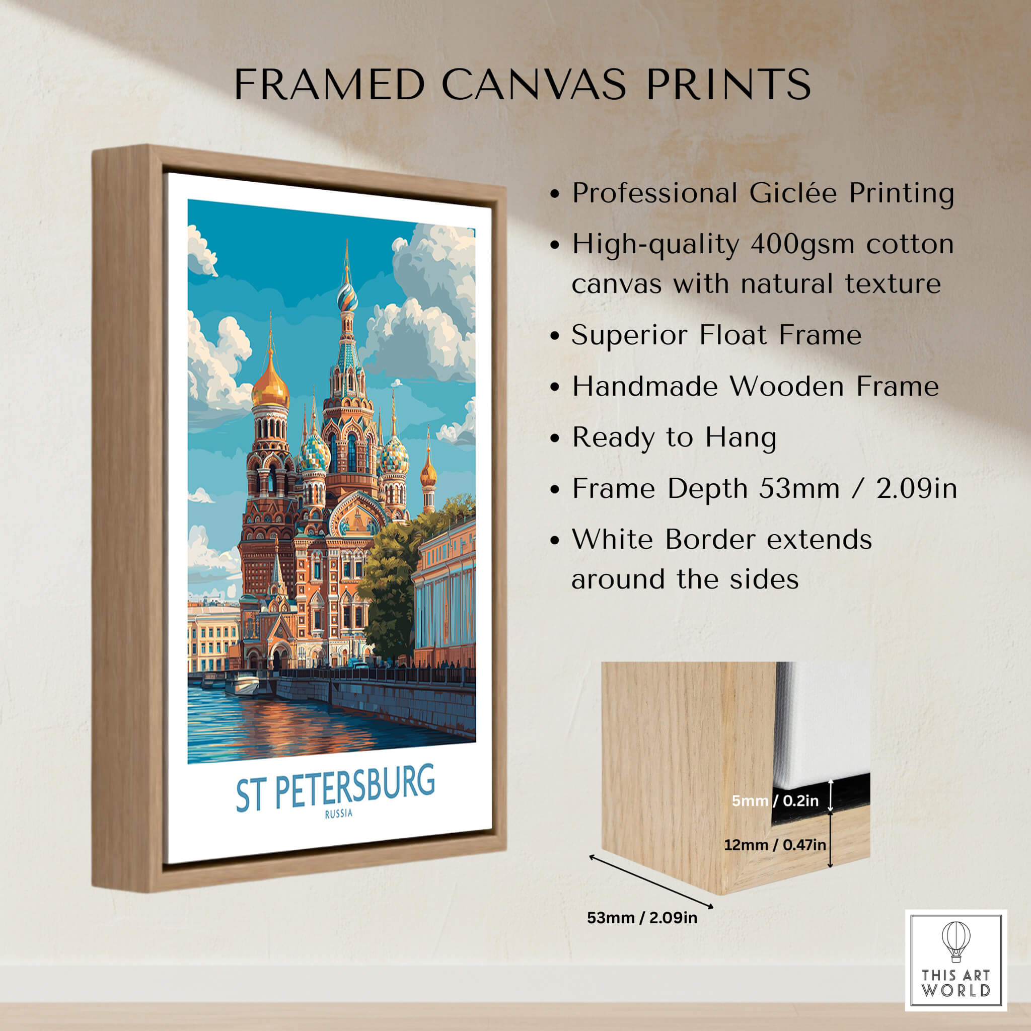 St Petersburg Russia Canvas Print | Historic Cathedral & Canal Scene Poster framed canvas print with wooden frame.