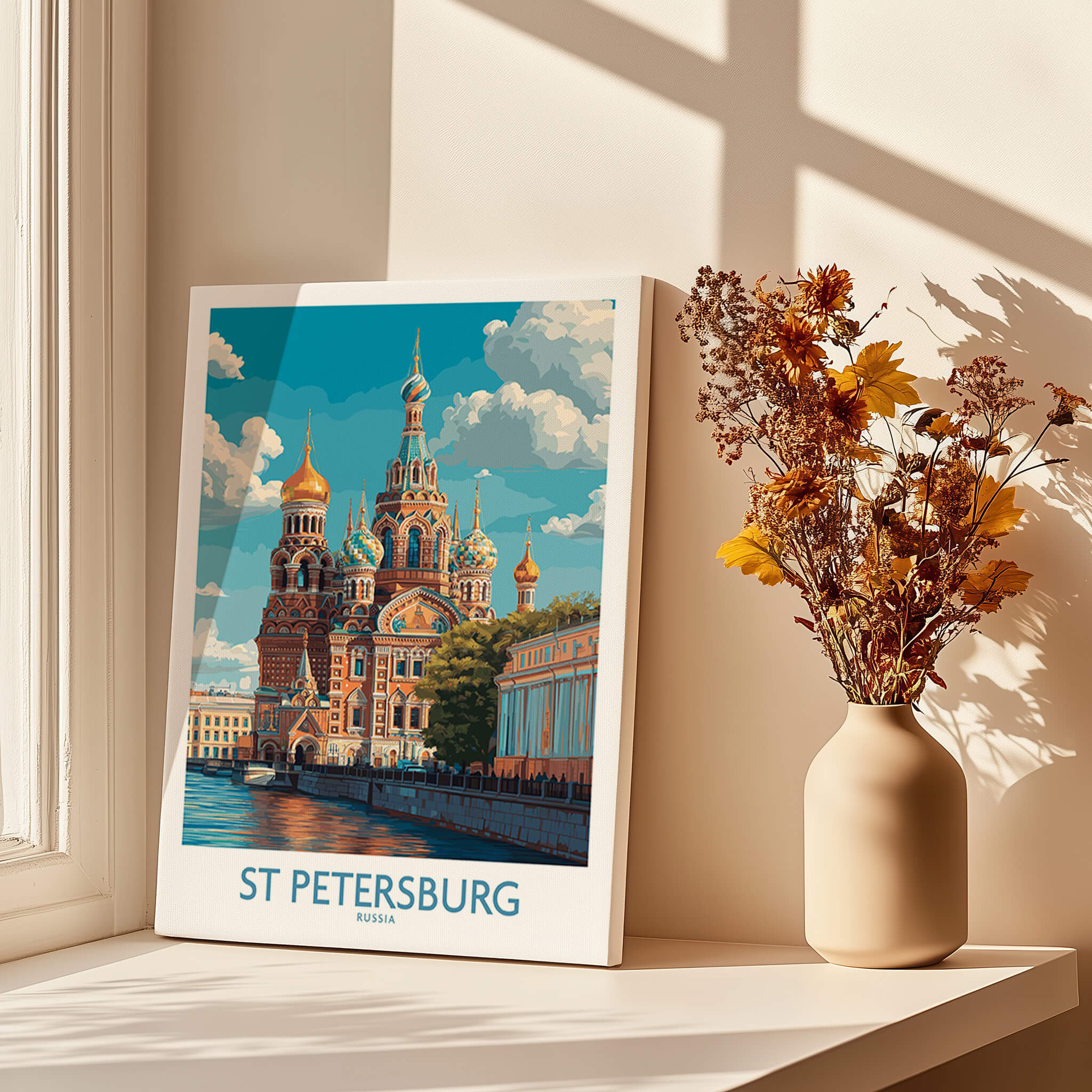 St Petersburg Russia Canvas Print | Historic Cathedral & Canal Scene Poster in a sunlit room with flowers.