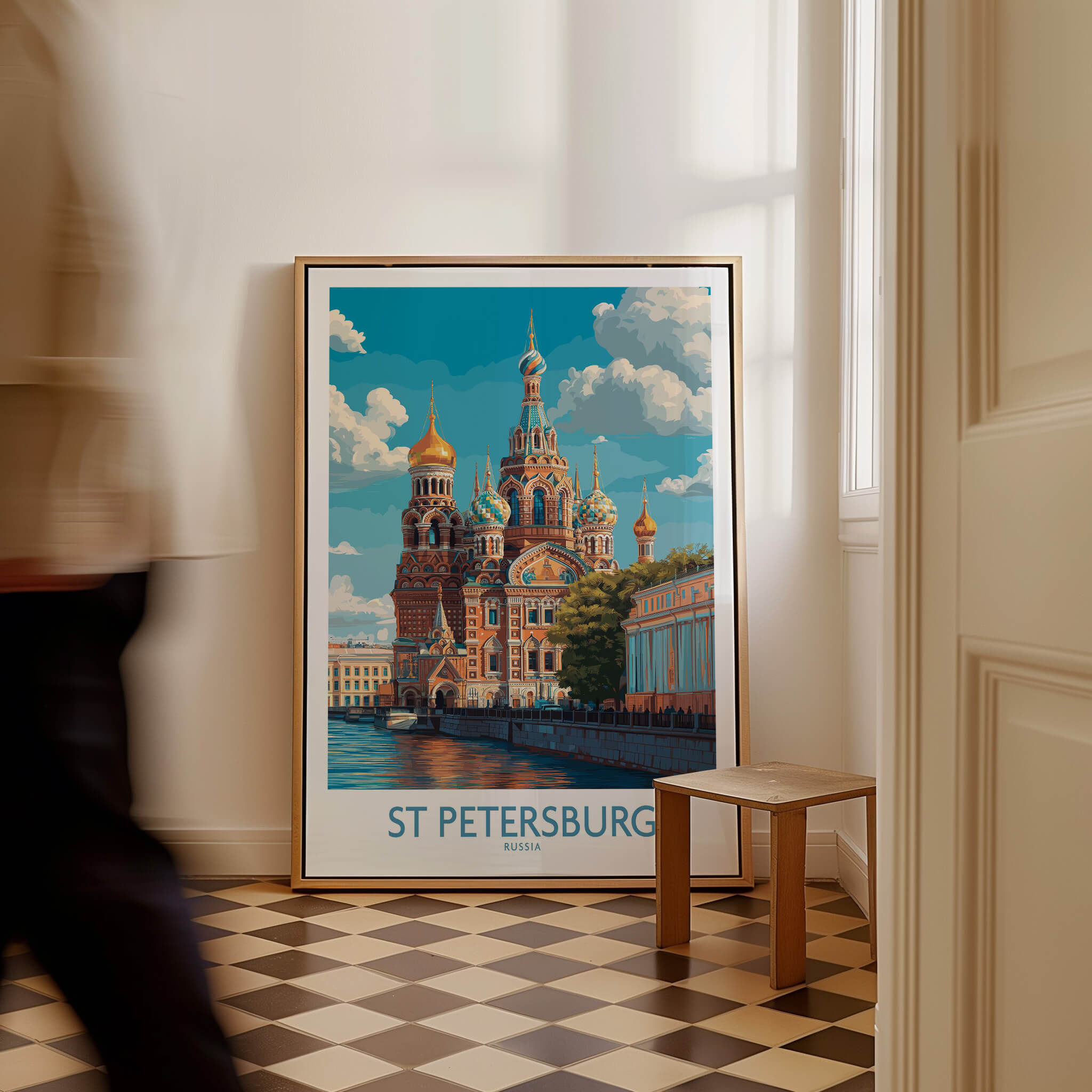 St Petersburg Russia Canvas Print | Historic Cathedral & Canal Scene Poster displayed in a stylish interior setting.