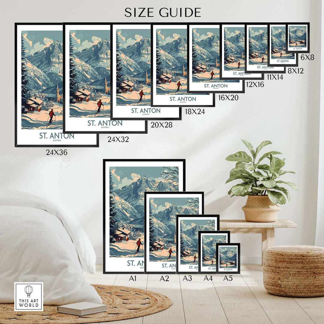 Size guide for St. Anton ski poster featuring Austria's scenic mountains, offered in various dimensions from 6x8 to 24x36 inches.