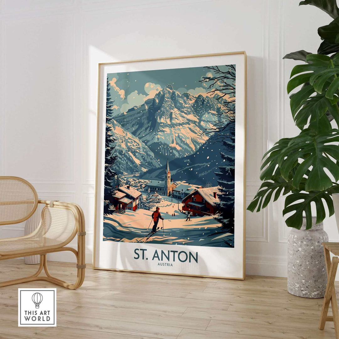 St. Anton Austria Ski Poster featuring snowy alpine landscape with a picturesque village and majestic mountain backdrop.