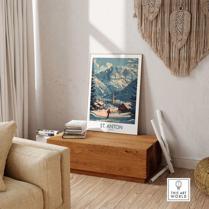 St. Anton Austria Ski Poster displayed in cozy living room setting with rustic wood decor.