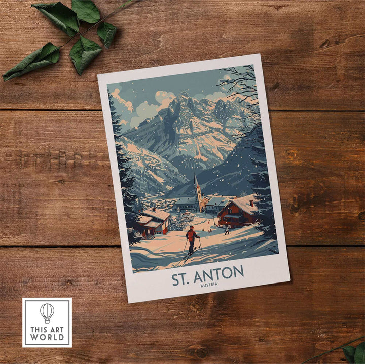 Vintage St. Anton ski poster featuring snowy mountain scenery in Austria, perfect for travel and ski enthusiasts.