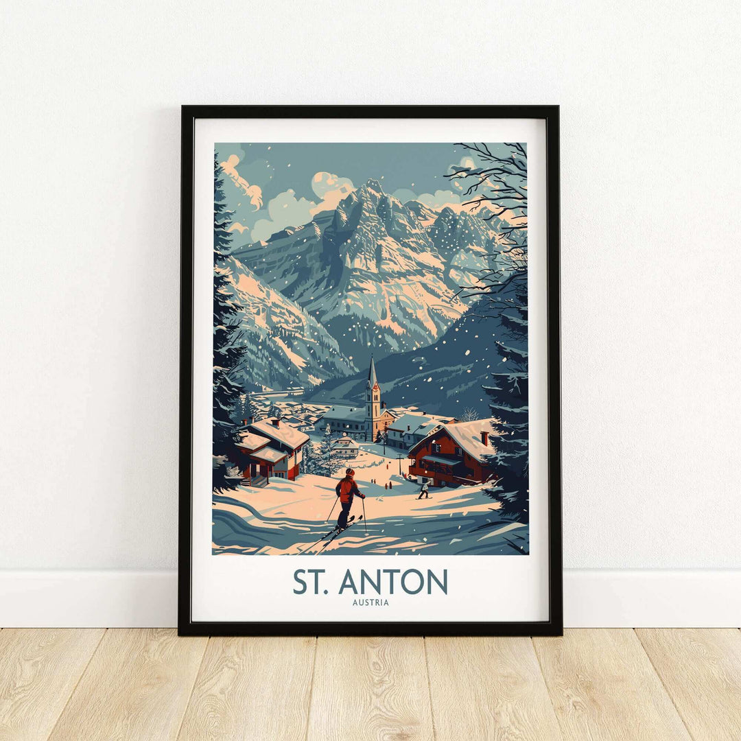 Vintage St. Anton ski poster featuring scenic Austria mountain village with skier, perfect for winter sports enthusiasts and decor.