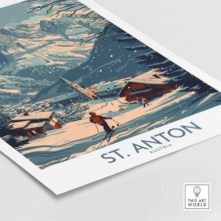 St. Anton ski poster featuring a snowy Austrian landscape with skiers, highlighting winter sports and alpine scenery.