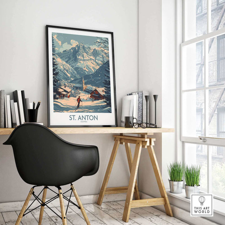 St. Anton ski poster in a minimalist room, showcasing Austrian alpine scenery and winter sports appeal.