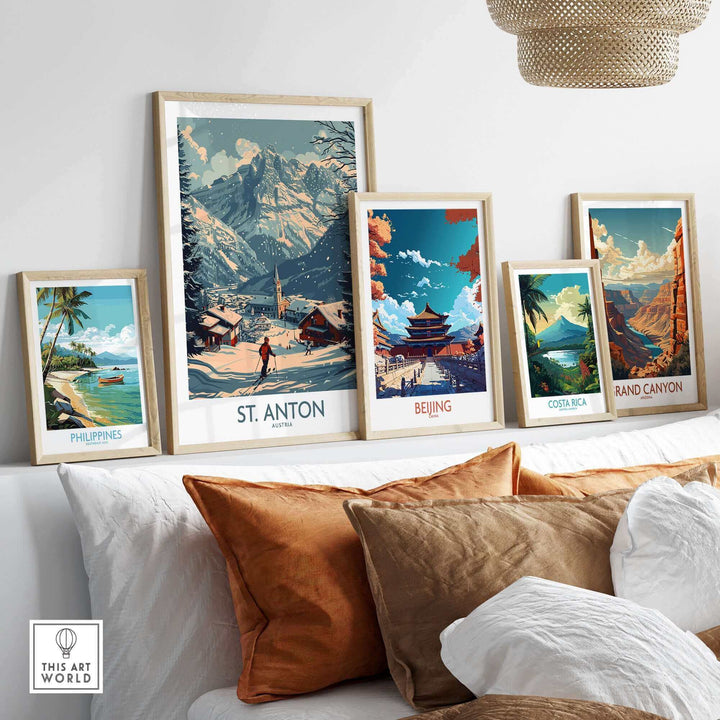 Collection of travel posters featuring St. Anton ski poster in Austria, Beijing, Philippines, Costa Rica, and Grand Canyon.