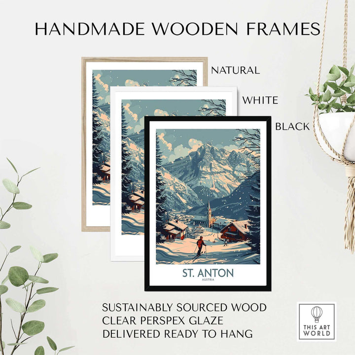 St. Anton ski poster in handmade wooden frame, available in natural, white, and black. Sustainable wood, ready to hang.