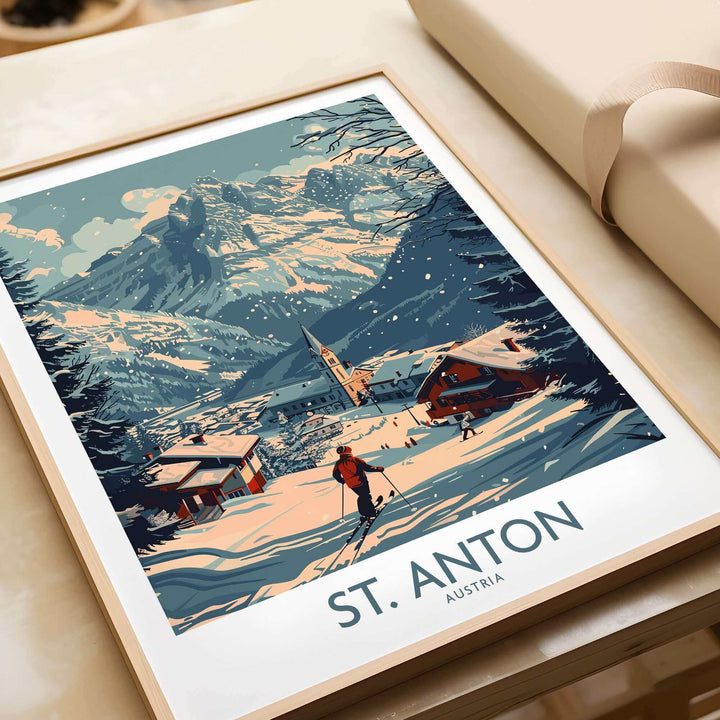 St. Anton Austria ski poster featuring a snowy mountain landscape and skiers, perfect for winter sports enthusiasts and decor.