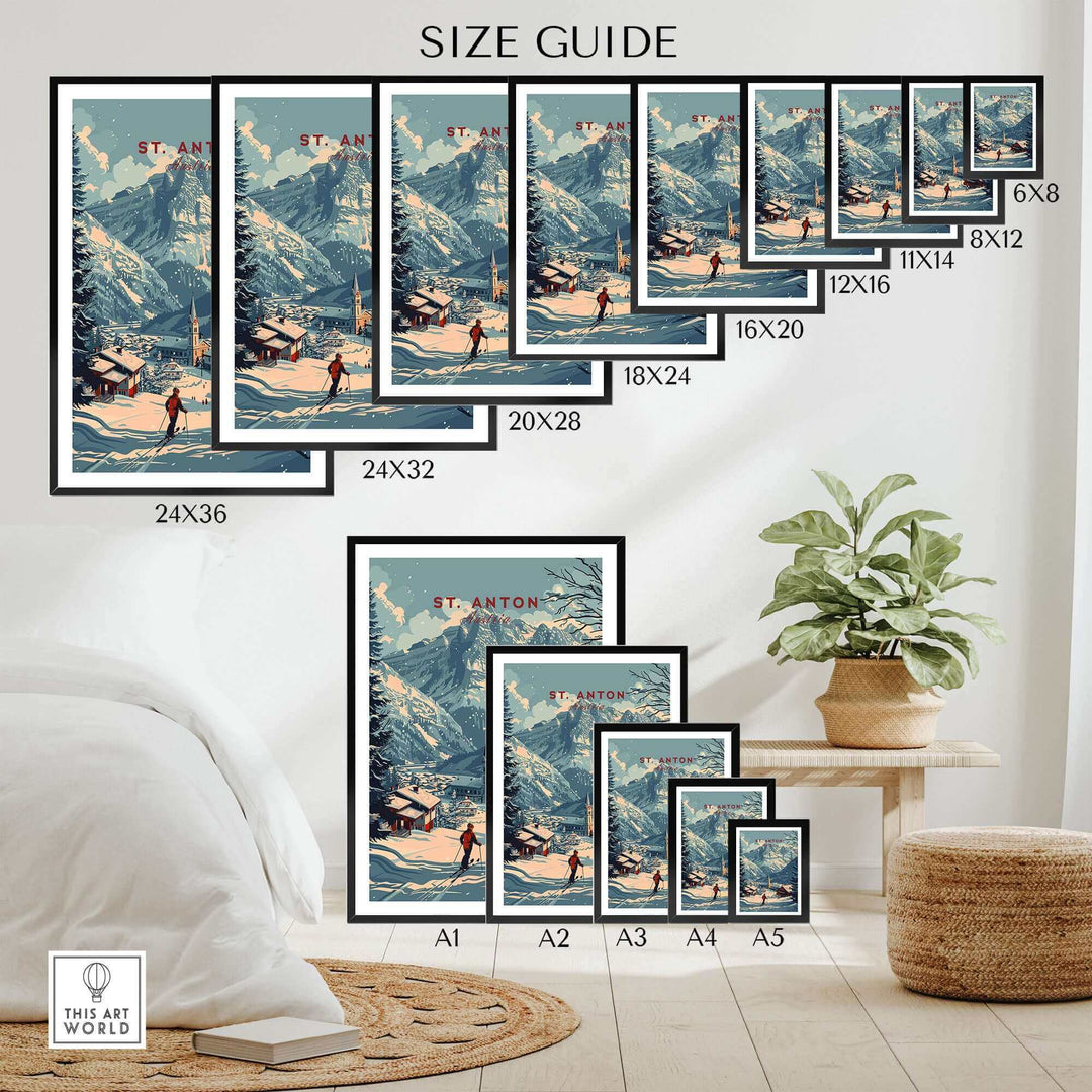 St. Anton ski poster print size guide with various dimensions displayed in a stylish room setting.