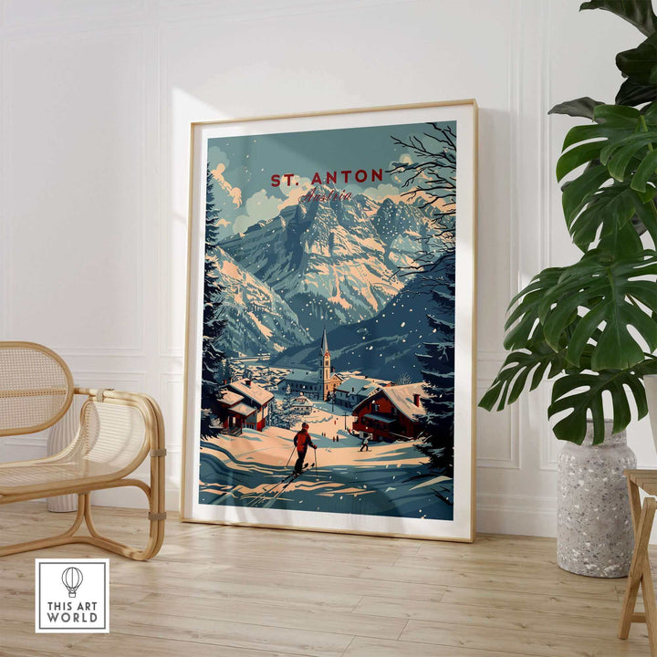 St. Anton Print Austria showcasing a snowy mountain ski scene, perfect ski poster for home decor.