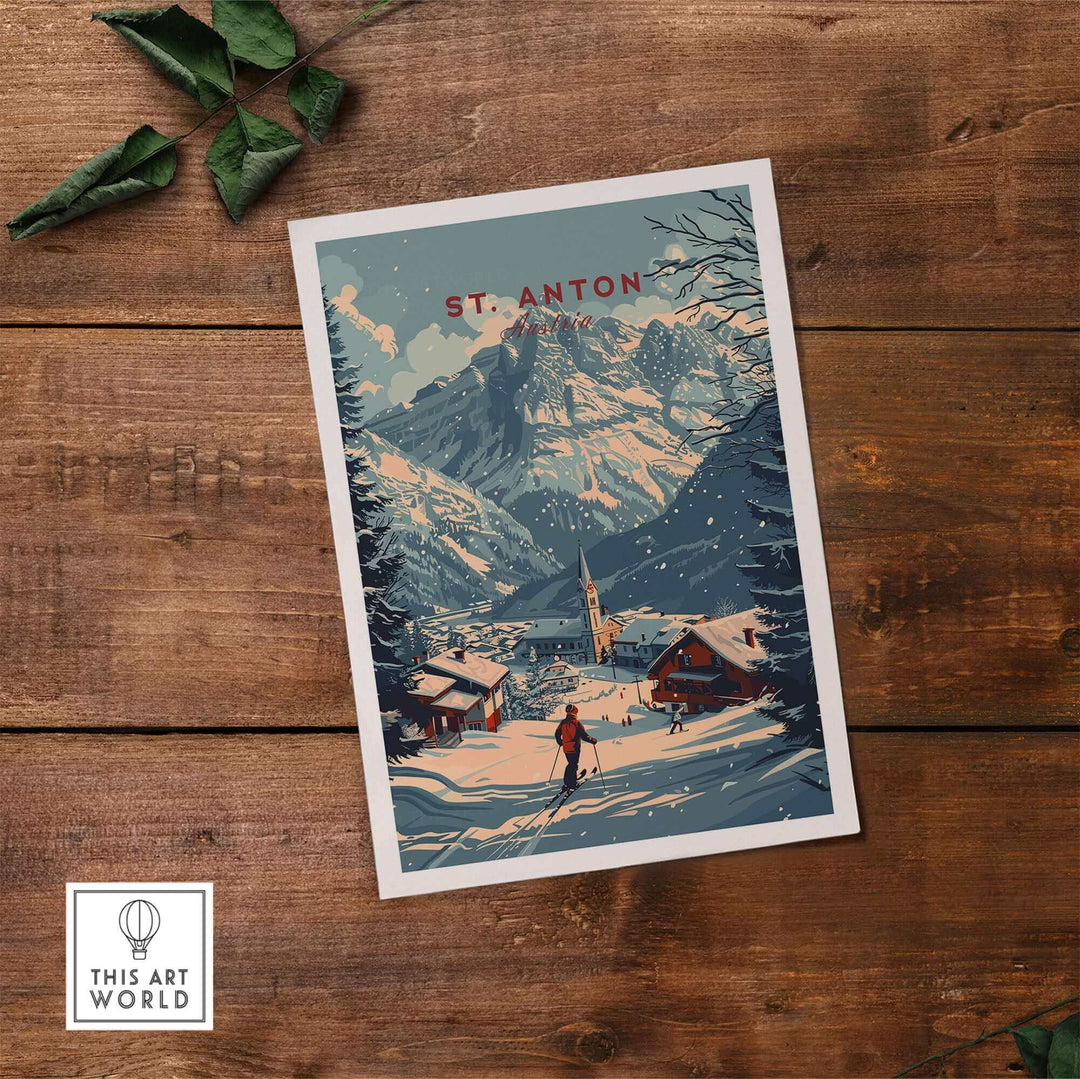 Vintage St. Anton Austria ski poster print with snowy mountain scene, perfect for adding alpine charm to any space.