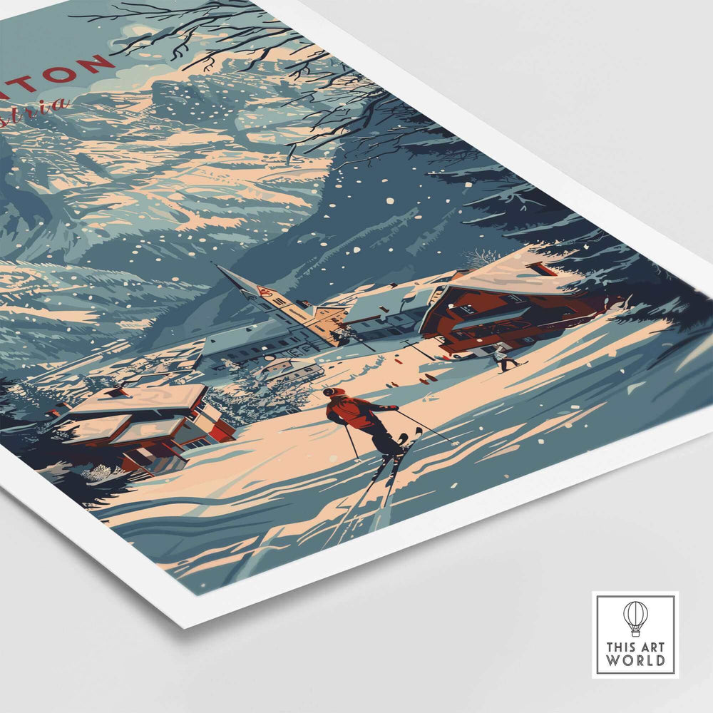 Vintage St. Anton ski poster featuring snowy mountain scenery and skiers in Austria, perfect for winter sports enthusiasts.