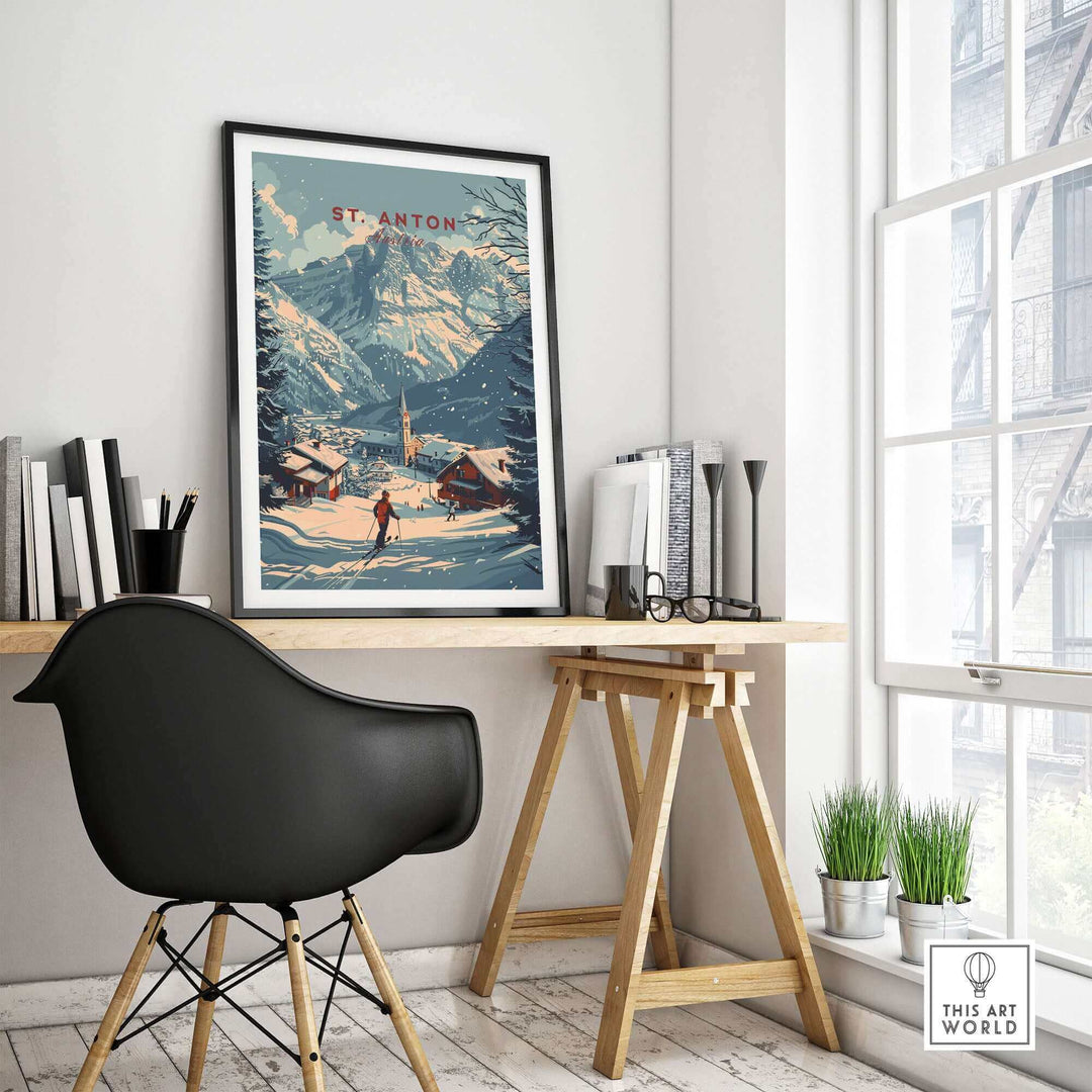 St. Anton Ski Poster in stylish office setting with Austria winter landscape print, framed art on desk, modern decor.