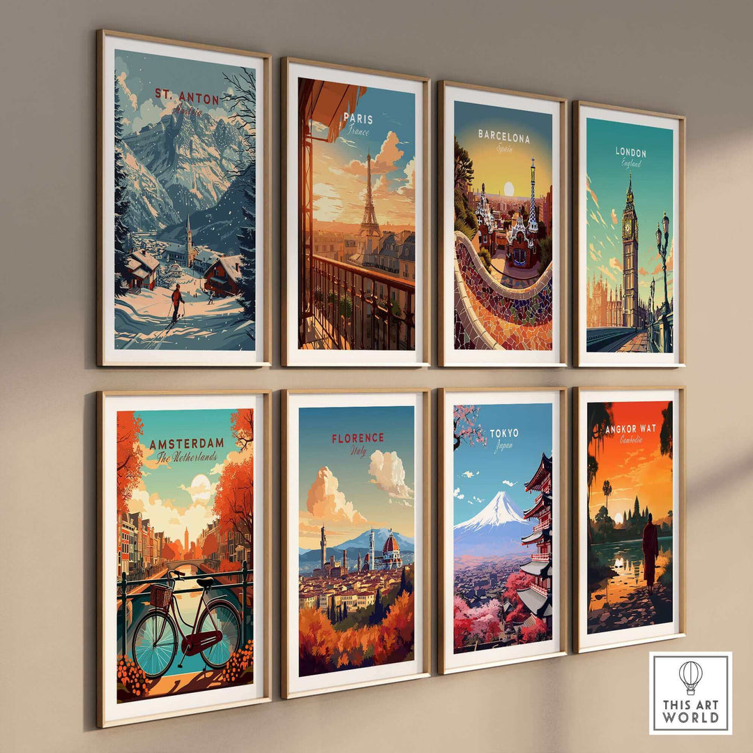 St. Anton ski poster with vintage art style in a gallery wall display featuring global travel destinations.