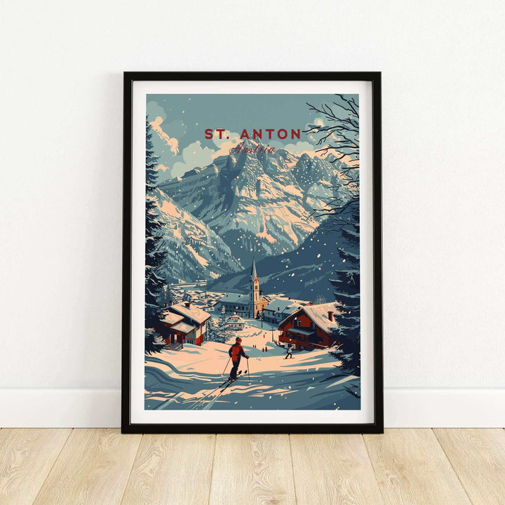 St. Anton ski poster featuring snowy mountains and village in Austria, perfect wall art for skiing enthusiasts and travel lovers.