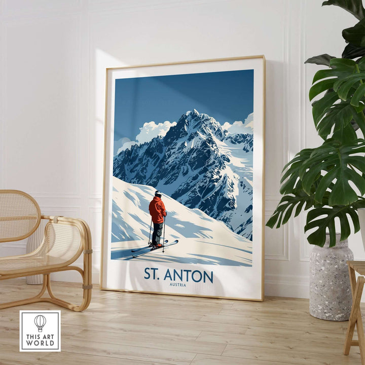 St. Anton Ski Poster featuring a skier against a stunning mountain backdrop, perfect for ski lovers and home decor.