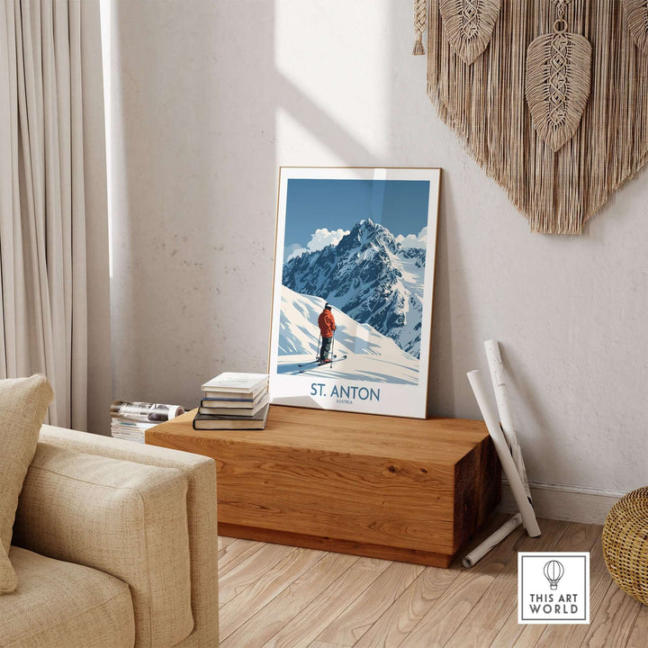 St. Anton ski poster displayed in a cozy room, featuring a skier against a snowy mountain backdrop. Perfect for ski enthusiasts.