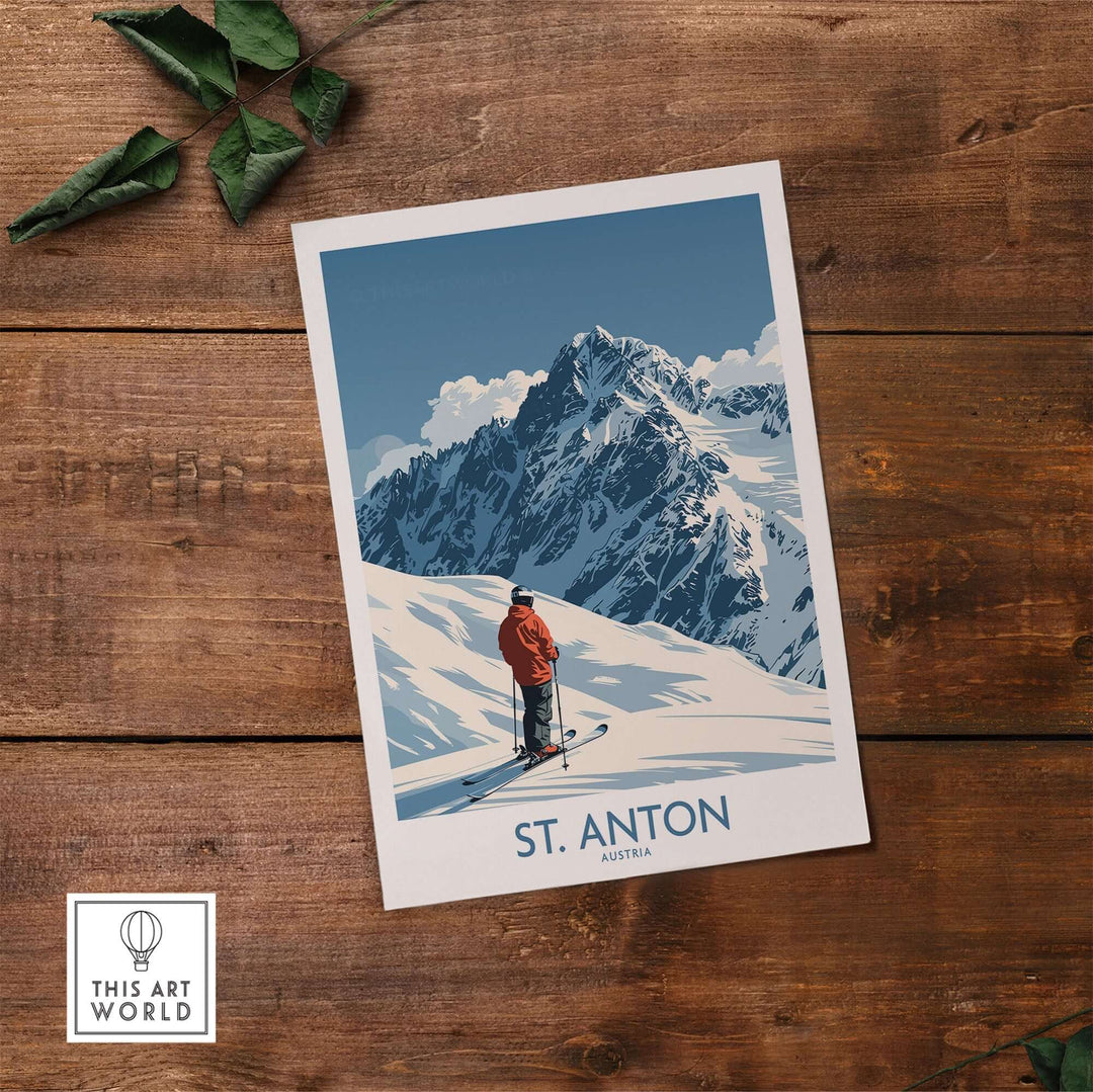 St. Anton ski poster featuring a skier on snowy mountains, perfect for ski lovers and home decor enthusiasts.