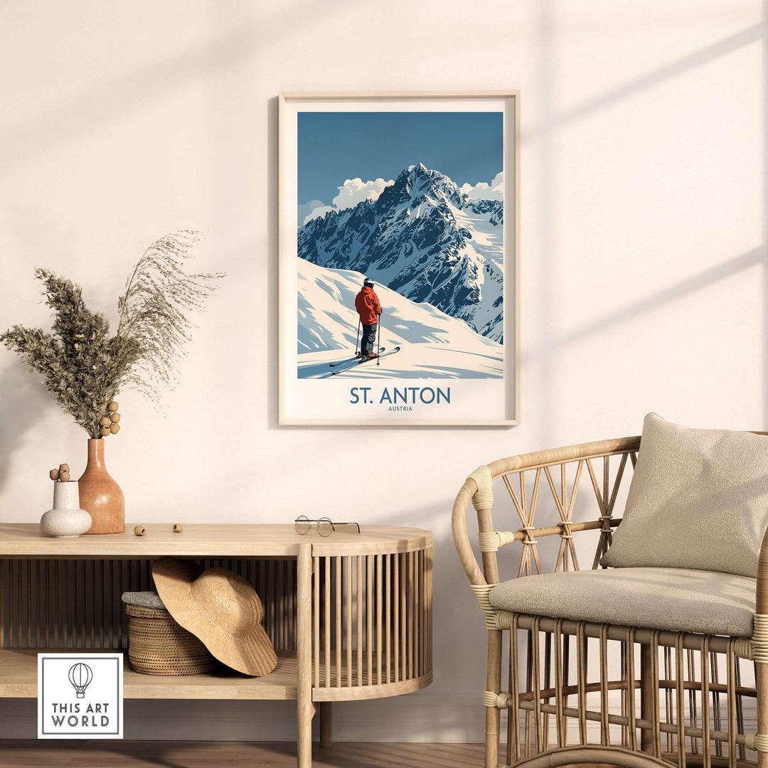 St. Anton ski poster featuring a skier on a snowy mountain, enhancing home decor for ski lovers.