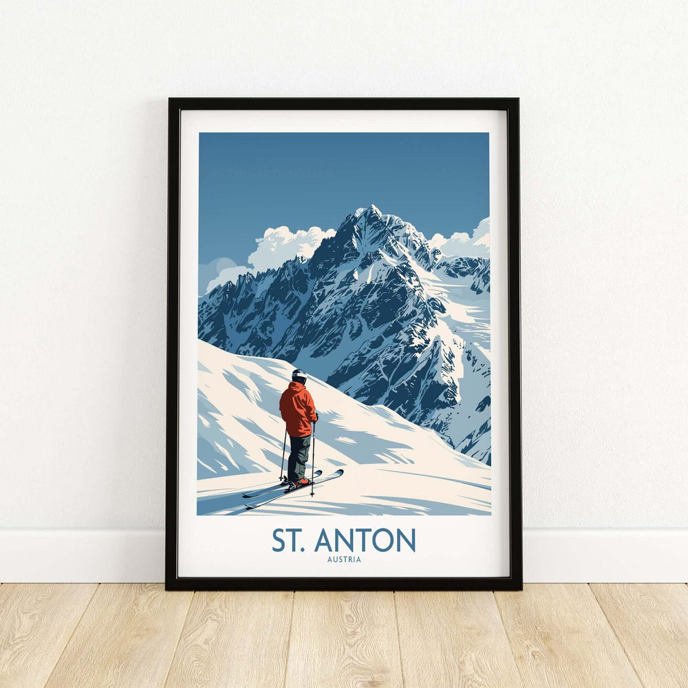 St. Anton ski poster featuring a skier against a stunning mountain backdrop, perfect for winter sports enthusiasts and home decor.